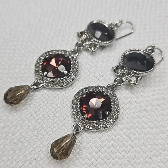 Lia Sophia Silver Statement Tiered Drop Earrings with Burgundy and Gray Sparkle - Picture 1 of 14
